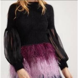 Cynthia Rowley Angora Sweater Womens XS Black Mesh Sleeve Pullover Crew Neck